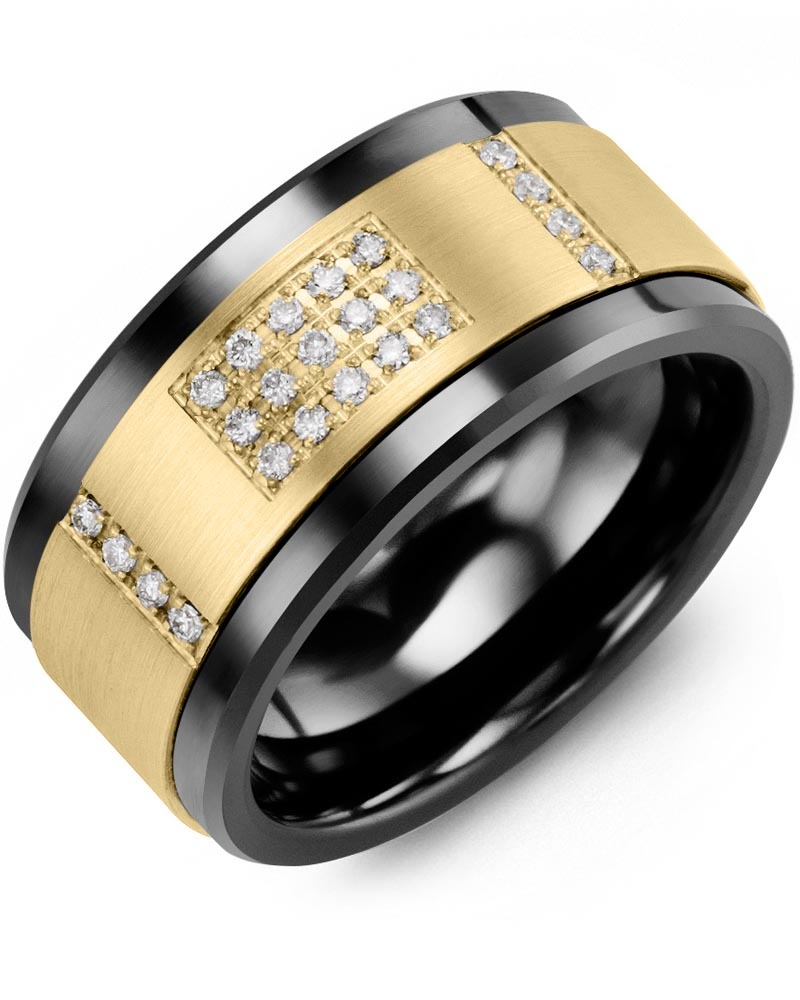 Men's & Women's Black Ceramic & Yellow Gold + 23 Lab Grown Diamonds 0.23ct Wedding Band