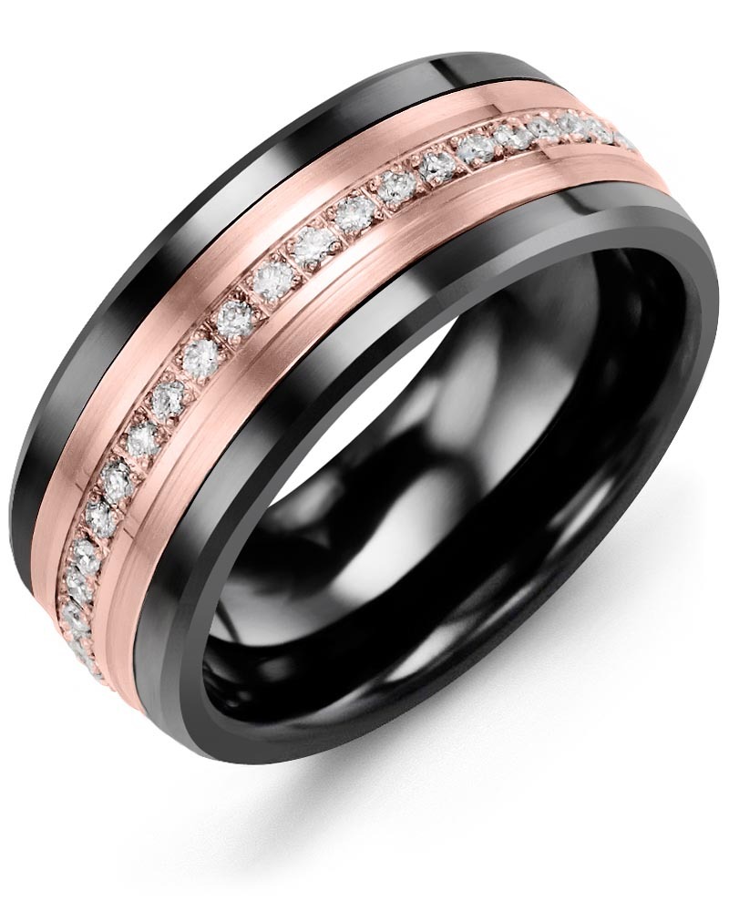 Men's & Women's Black Ceramic & Rose Gold + 21 Lab Grown Diamonds 0.21ct Wedding Band