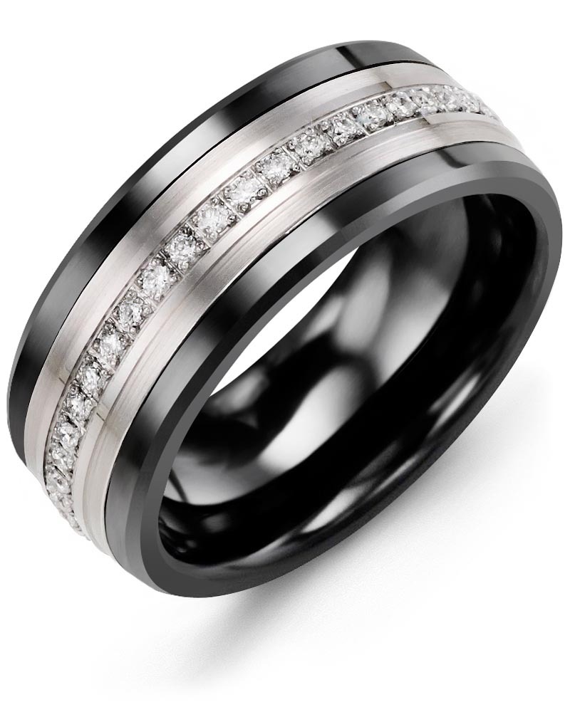 Men's & Women's Black Ceramic & White Gold + 21 Lab Grown Diamonds 0.21ct Wedding Band