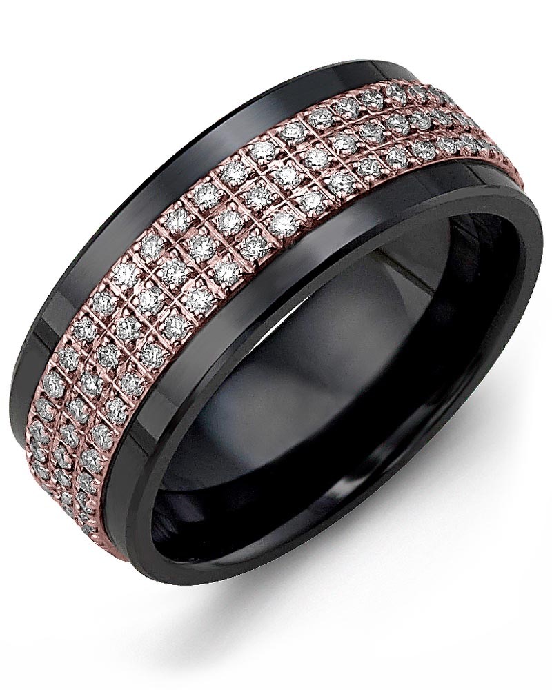 Men's & Women's Black Ceramic & Rose Gold + 135 Lab Grown Diamonds 1.35ct Wedding Band