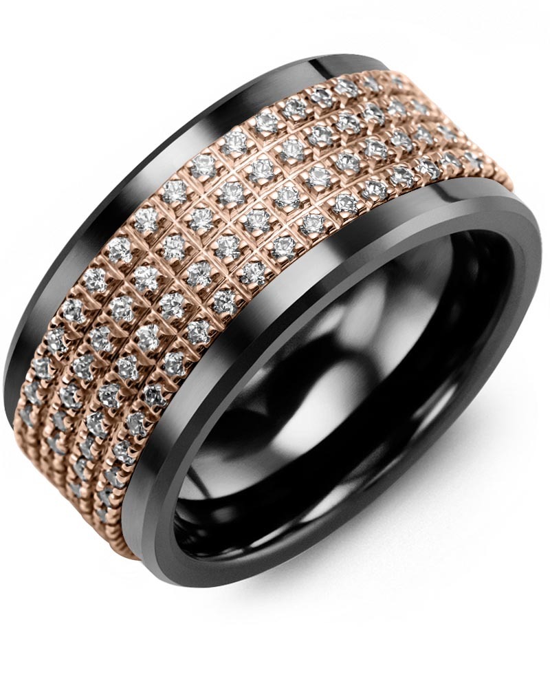 Men's & Women's Black Ceramic & Rose Gold + 180 Lab Grown Diamonds 1.80ct Wedding Band