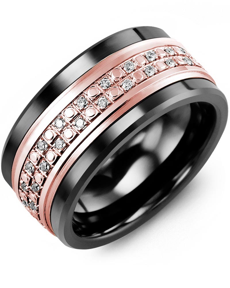 Men's & Women's Black Ceramic & Rose Gold + 42 Lab Grown Diamonds 0.42ct Wedding Band