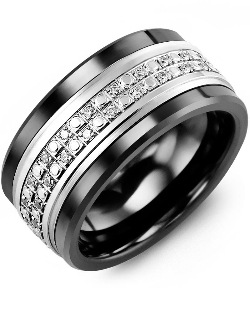 Men's & Women's Black Ceramic & White Gold + 42 Lab Grown Diamonds 0.42ct Wedding Band
