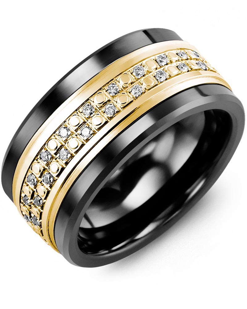 Men's & Women's Black Ceramic & Yellow Gold + 42 Lab Grown Diamonds 0.42ct Wedding Band