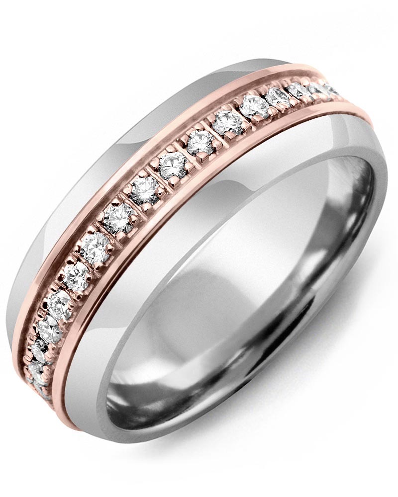 Men's & Women's Tungsten Half Round & Rose Gold + 17 Lab Grown Diamonds 0.34ct Wedding Band