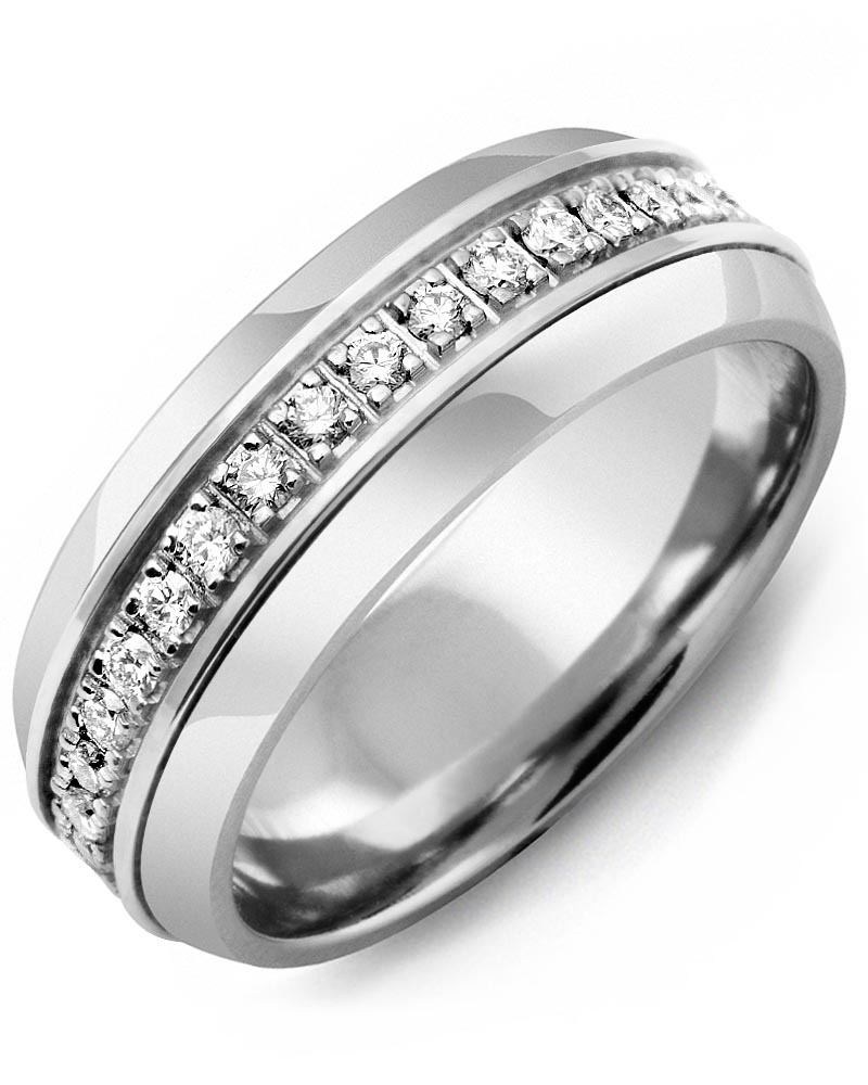 Men's & Women's Tungsten Half Round & White Gold + 17 Lab Grown Diamonds 0.34ct Wedding Band