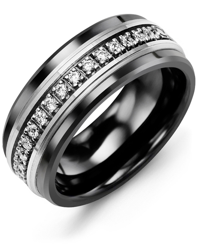 Men's & Women's Black Ceramic & White Gold + 17 Lab Grown Diamonds 0.34ct Wedding Band