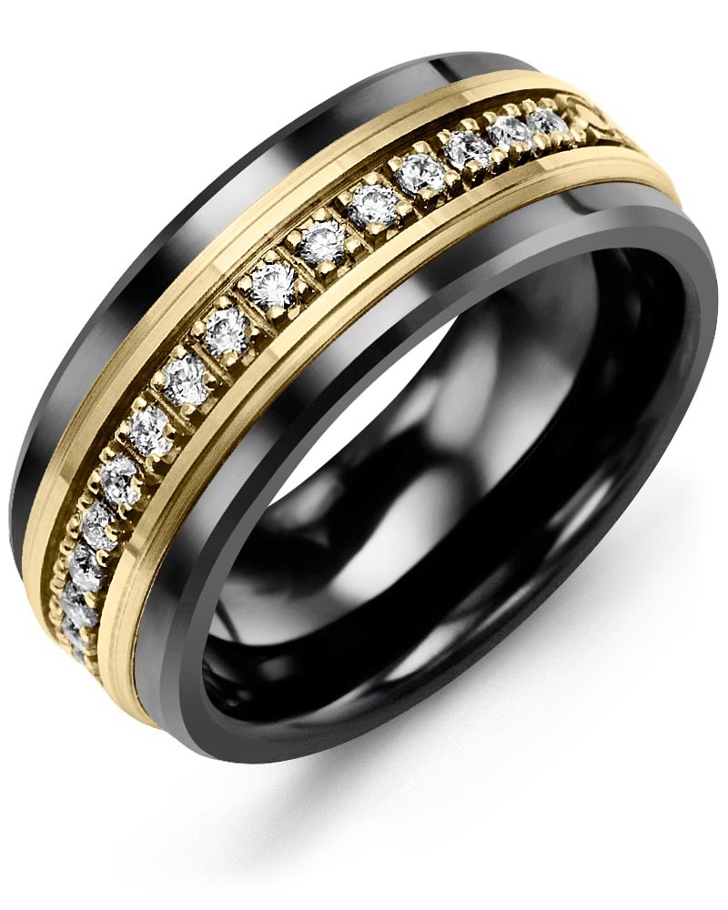 Men's & Women's Black Ceramic & Yellow Gold + 17 Lab Grown Diamonds 0.34ct Wedding Band