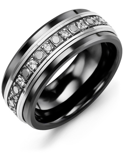 Men's & Women's Black Ceramic & White Gold + 18 Lab Grown Diamonds 0.36ct Wedding Band