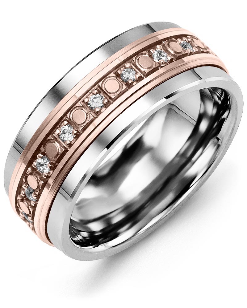 Men's & Women's Tungsten & Rose Gold + 18 Lab Grown Diamonds 0.36ct Wedding Band