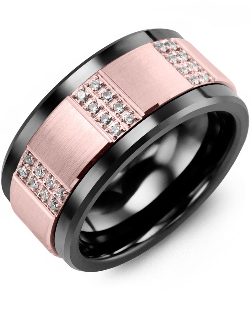 Men's & Women's Black Ceramic & Rose Gold + 24 Lab Grown Diamonds 0.24ct Wedding Band