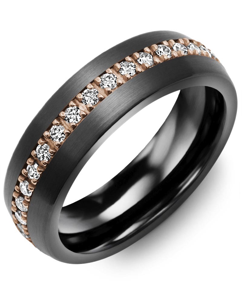 Men's & Women's Brush Black Ceramic & Rose Gold + 37 Lab Grown Diamonds 0.74ct Wedding Band Men's & Women's Brush Black Ceramic & Rose Gold + 37 Lab Grown Diamonds 0.74ct Wedding Band