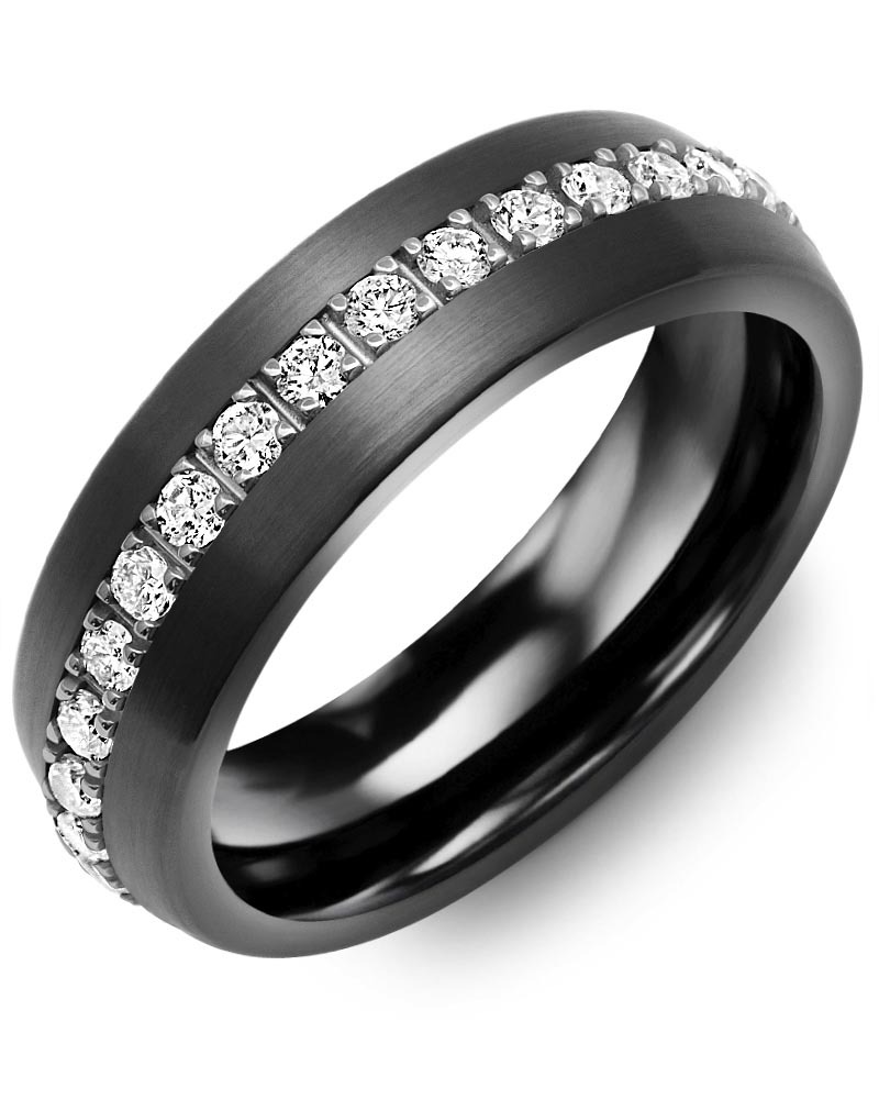 Men's & Women's Brush Black Ceramic & White Gold + 35 Lab Grown Diamonds 1.05ct Wedding Band