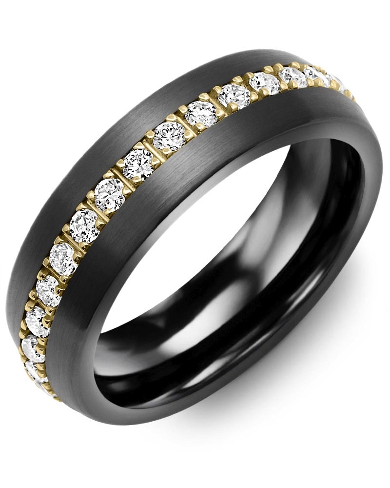 Men's & Women's Brush Black Ceramic & Yellow Gold + 35 Lab Grown Diamonds 1.05ct Wedding Band