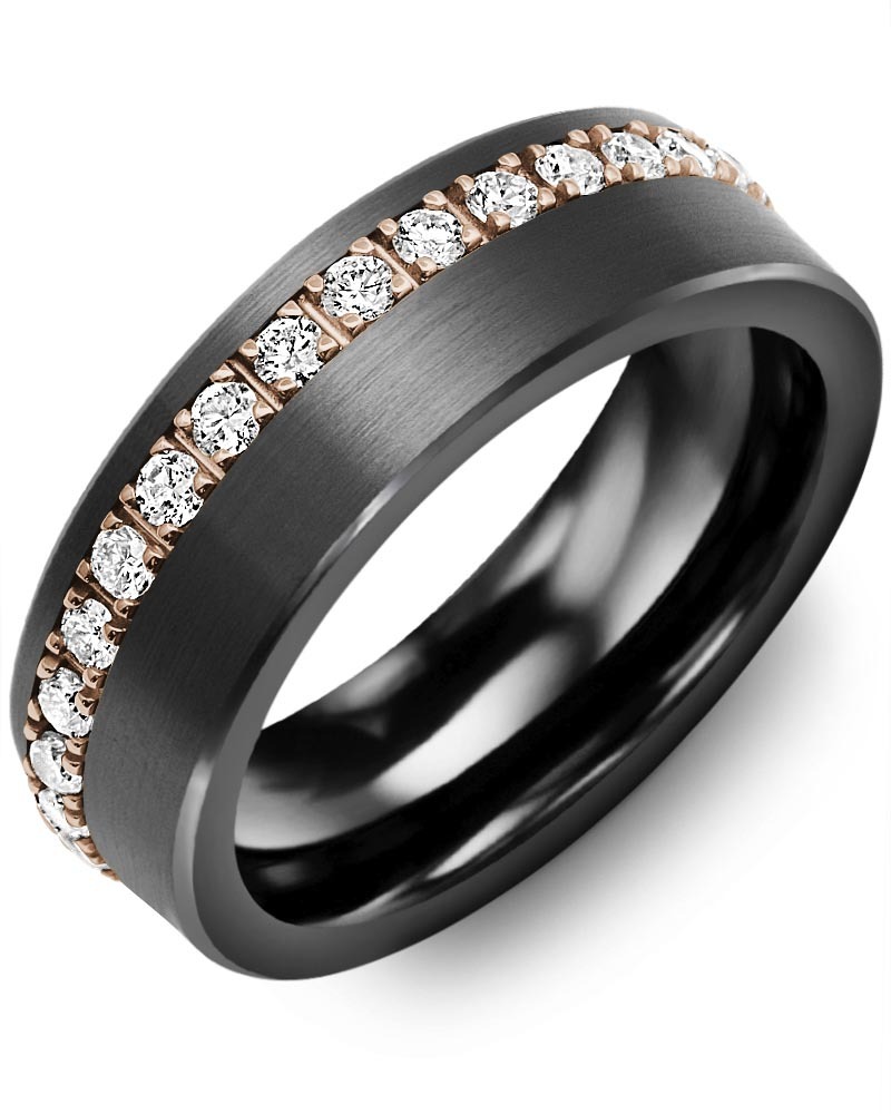 Men's & Women's Brush Black Ceramic & Rose Gold + 35 Lab Grown Diamonds 1.05ct Wedding Band