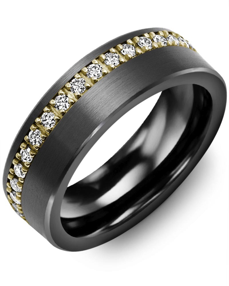 Men's & Women's Brush Black Ceramic & Yellow Gold + 37 Lab Grown Diamonds 0.74ct Wedding Band