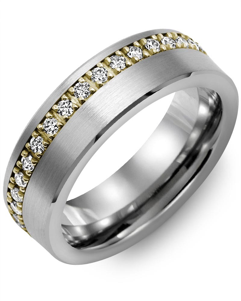 Men's & Women's Brush Tungsten & Yellow Gold + 37 Lab Grown Diamonds 0.74ct Wedding Band
