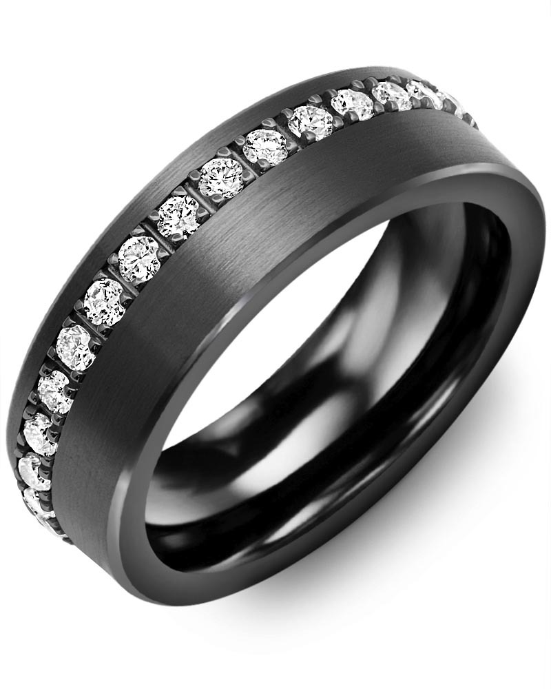 Men's & Women's Brush Black Ceramic & Black Gold + 35 Lab Grown Diamonds 1.05ct Wedding Band from MADANI Rings. Wedding bands, fashion rings, promise rings, made of Tungsten, Ceramic, Cobalt, and Gold. View the collection at madanirings.com