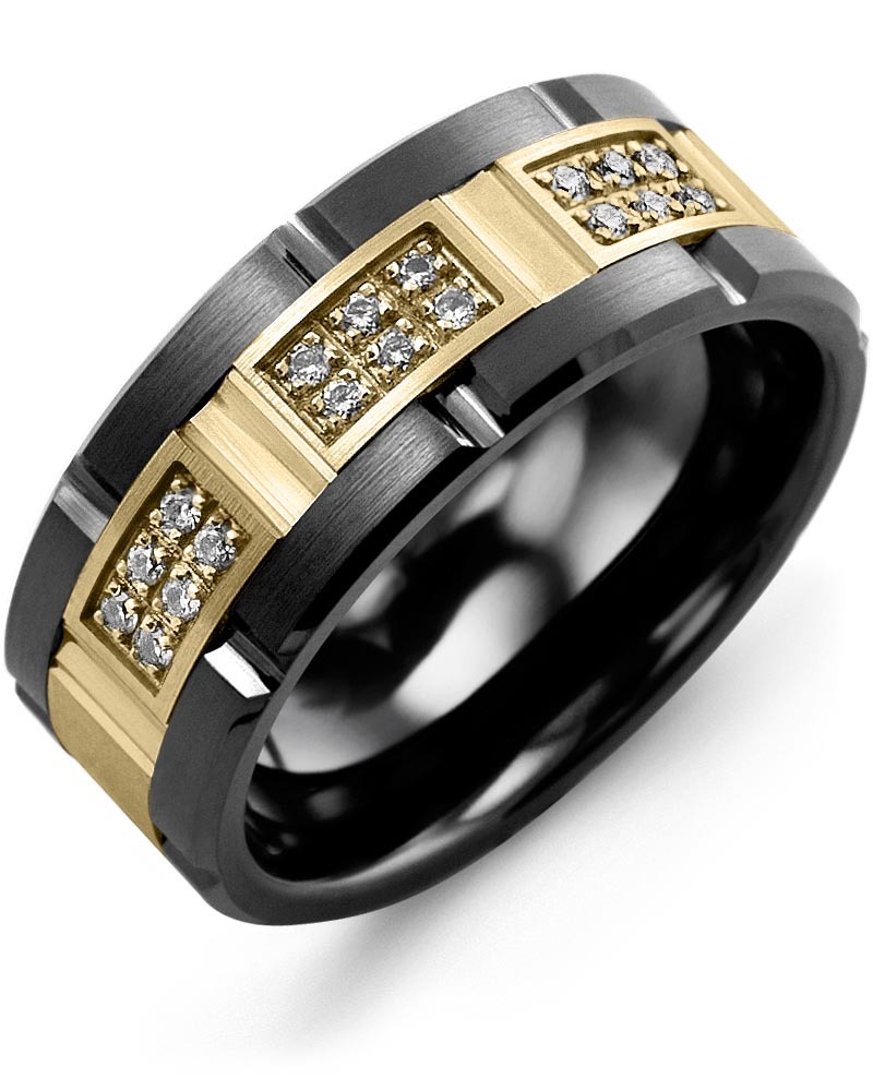 Men's & Women's Black Ceramic Brush Grooves & Yellow Gold + 18 Lab Grown Diamonds 0.18ct Wedding Band from MADANI Rings. Wedding bands, fashion rings, promise rings, made of Tungsten, Ceramic, Cobalt, and Gold. View the collection at madanirings.com