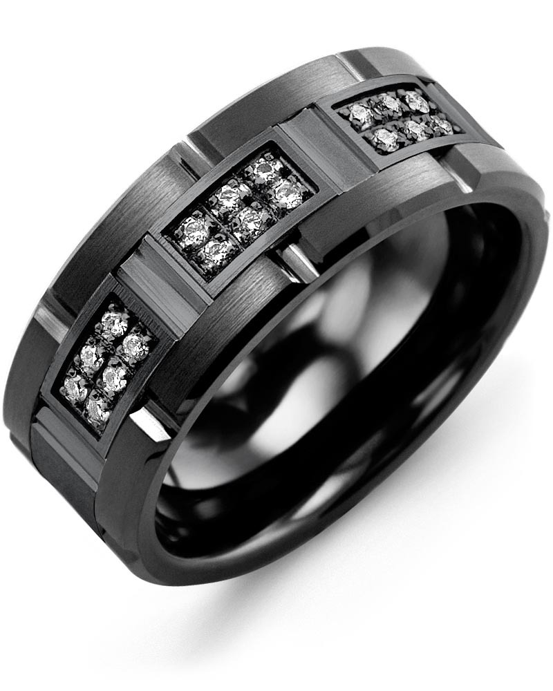 Men's & Women's Black Ceramic Brush Grooves & Black Gold + 18 Lab Grown Diamonds 0.18ct Wedding Band