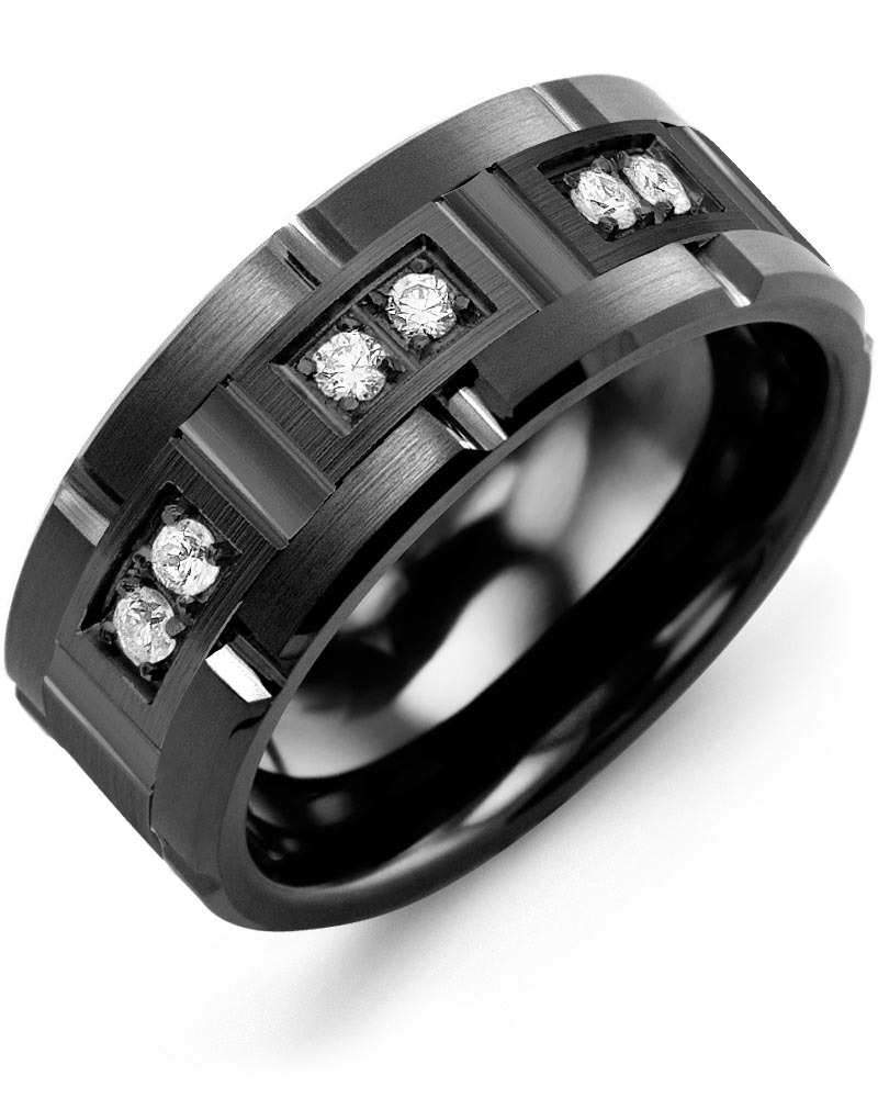 Men's & Women's Black Ceramic Brush Grooves & Black Gold + 6 Lab Grown Diamonds 0.18ct Wedding Band from MADANI Rings. Wedding bands, fashion rings, promise rings, made of Tungsten, Ceramic, Cobalt, and Gold. View the collection at madanirings.com