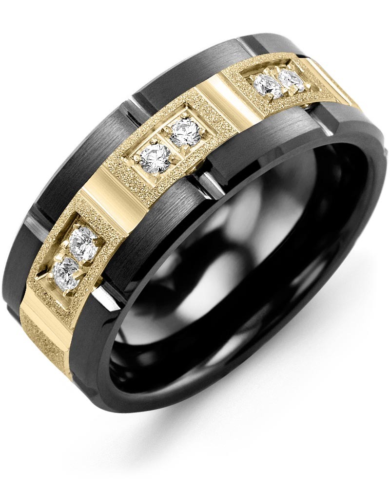 Men's & Women's Black Ceramic Brush Grooves & Yellow Gold + 6 Lab Grown Diamonds 0.18ct Wedding Band