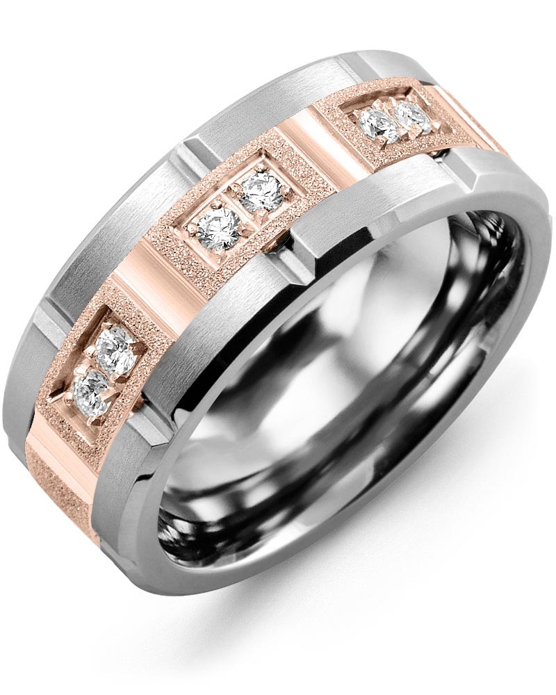Men's & Women's Cobalt Brush Grooves & Rose Gold + 6 Lab Grown Diamonds 0.18ct Wedding Band