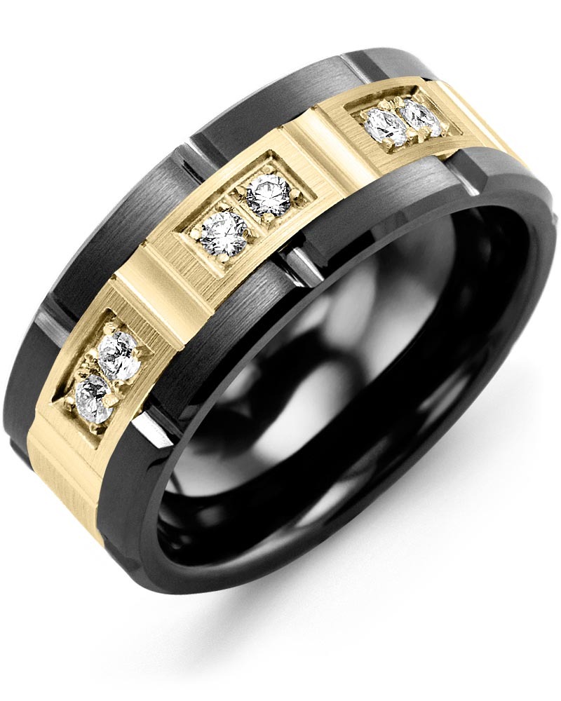 Men's & Women's Black Ceramic Brush Grooves & Yellow Gold + 6 Lab Grown Diamonds 0.18ct Wedding Band