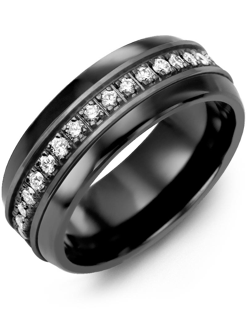 Men's & Women's Black Ceramic Half Round & Black Gold + 17 Lab Grown Diamonds 0.34ct Wedding Band