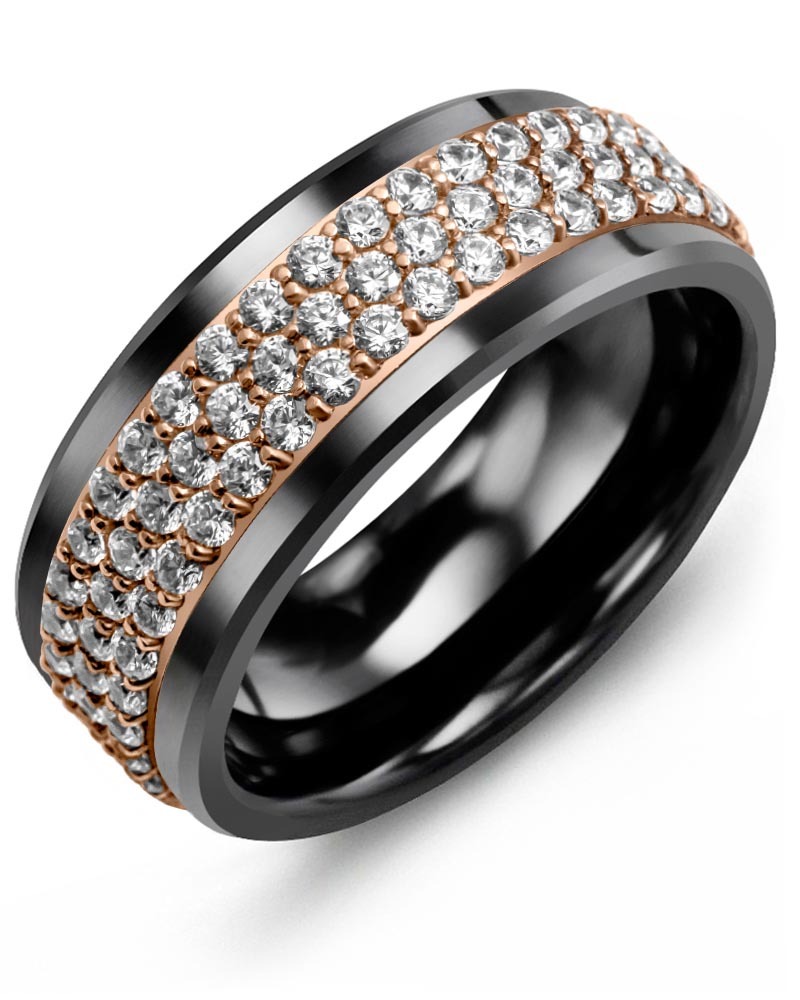 Men's & Women's Black Ceramic & Rose Gold + 120 Lab Grown Diamonds 2.40ct Wedding Band
