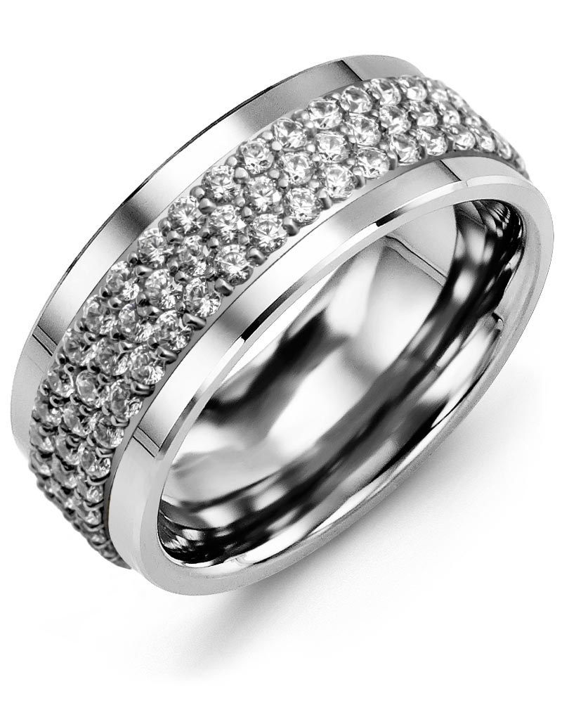 Men's & Women's Tungsten & White Gold + 120 Lab Grown Diamonds 2.40ct Wedding Band from MADANI Rings. Wedding bands, fashion rings, promise rings, made of Tungsten, Ceramic, Cobalt, and Gold. View the collection at madanirings.com