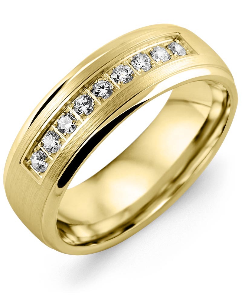 Men's & Women's Yellow Gold + 9 Lab Grown Diamonds 0.27ct Wedding Band from MADANI Rings. Wedding bands, fashion rings, promise rings, made of Tungsten, Ceramic, Cobalt, and Gold. View the collection at madanirings.com