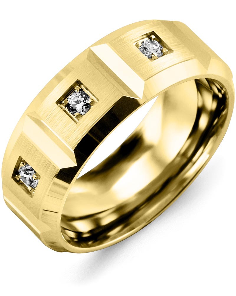 Men's & Women's Yellow Gold + 3 Lab Grown Diamonds 0.15ct Wedding Band from MADANI Rings. Wedding bands, fashion rings, promise rings, made of Tungsten, Ceramic, Cobalt, and Gold. View the collection at madanirings.com
