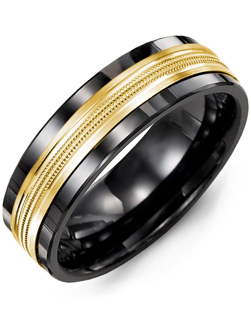 Men's & Women's Black Ceramic & Yellow Gold Wedding Band