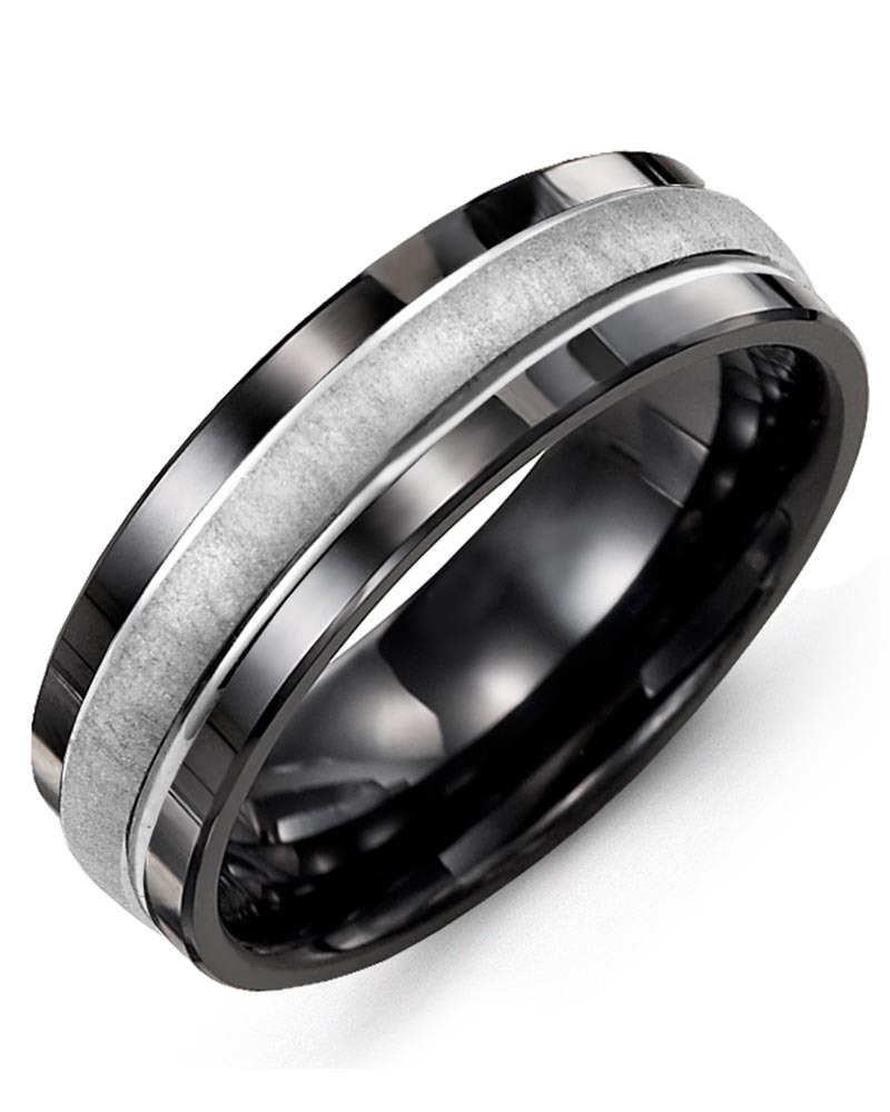 Men's & Women's Black Ceramic & White Gold Wedding Band from MADANI Rings. Wedding bands, fashion rings, promise rings, made of Tungsten, Ceramic, Cobalt, and Gold. View the collection at madanirings.com