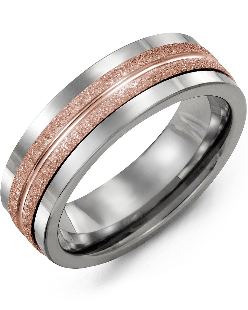 Men's & Women's Tungsten & Rose Gold Wedding Band from MADANI Rings. Wedding bands, fashion rings, promise rings, made of Tungsten, Ceramic, Cobalt, and Gold. View the collection at madanirings.com