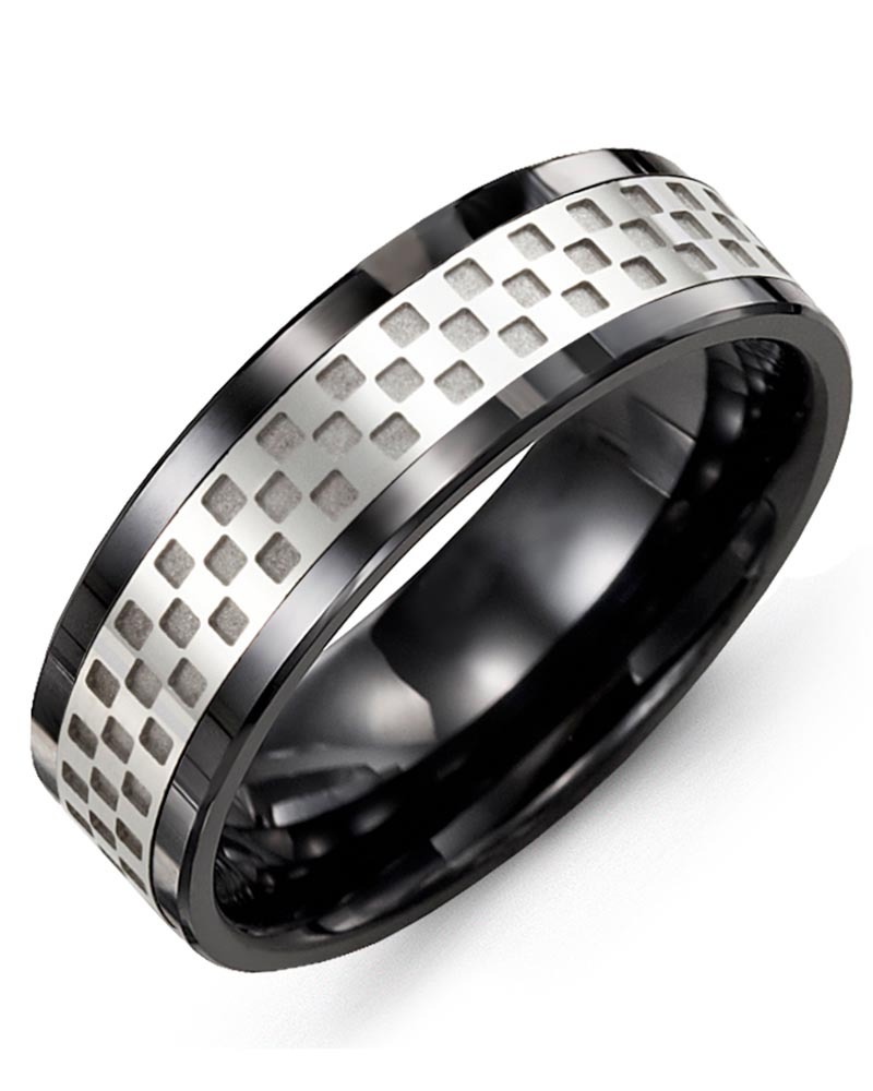 Men's & Women's Black Ceramic & White Gold Wedding Band from MADANI Rings. Wedding bands, fashion rings, promise rings, made of Tungsten, Ceramic, Cobalt, and Gold. View the collection at madanirings.com