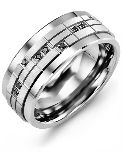 Men's & Women's Tungsten & White Gold + 14 Black Diamonds 0.14ct Wedding Band