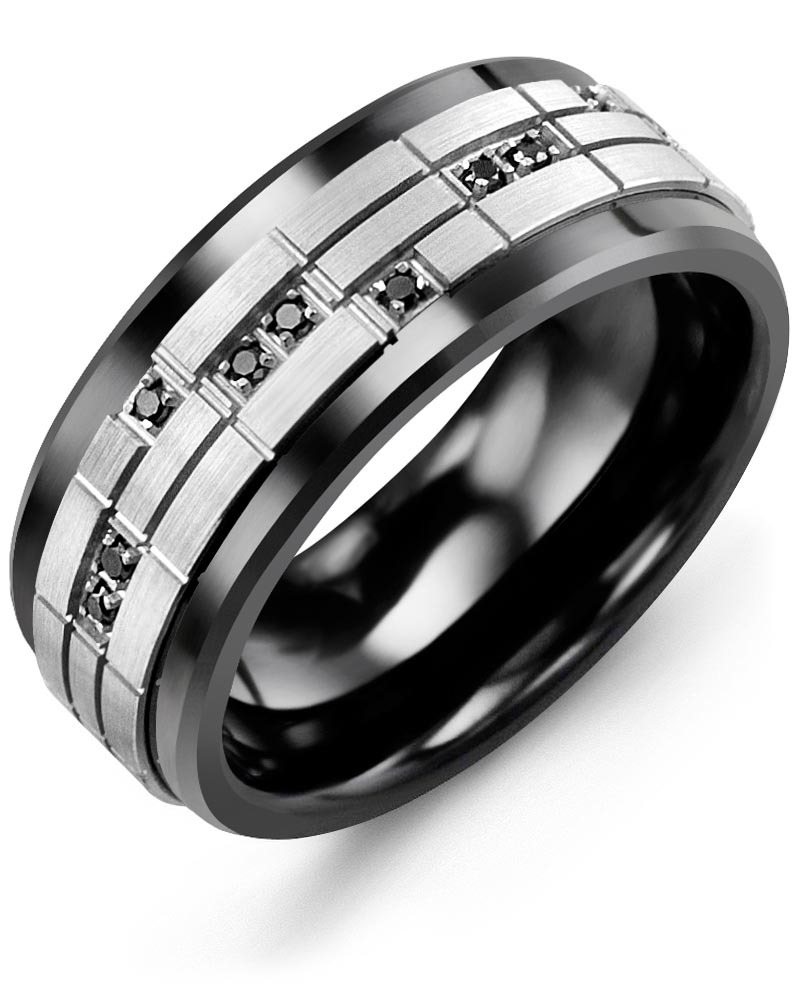 Men's & Women's Black Ceramic & White Gold + 14 Black Diamonds 0.14ct Wedding Band from MADANI Rings. Wedding bands, fashion rings, promise rings, made of Tungsten, Ceramic, Cobalt, and Gold. View the collection at madanirings.com