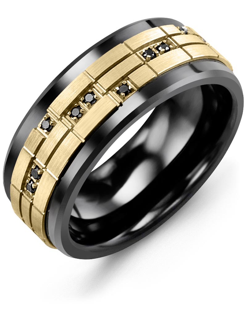 Men's & Women's Black Ceramic & Yellow Gold + 14 Black Diamonds 0.14ct Wedding Band