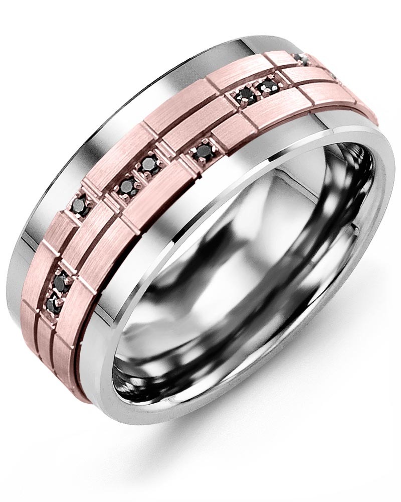 Men's & Women's Tungsten & Rose Gold + 14 Black Diamonds 0.14ct Wedding Band