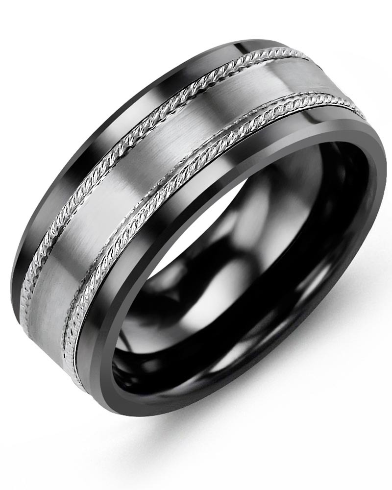 Men's & Women's Black Ceramic & White Gold Wedding Band