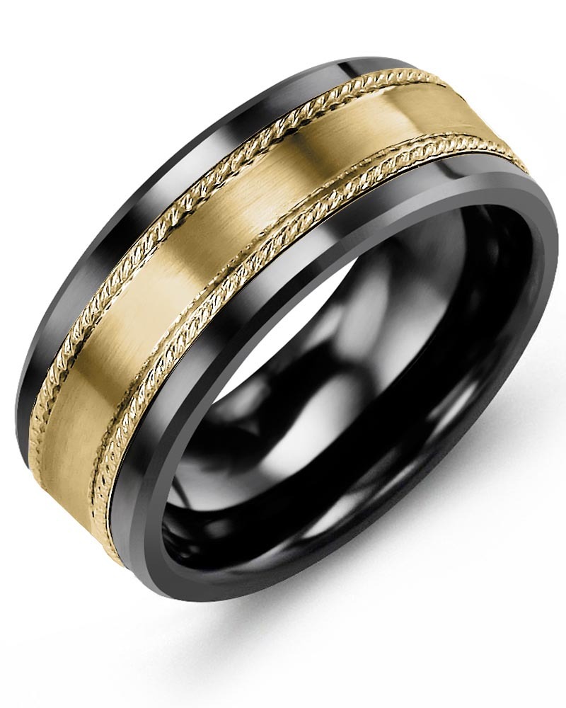 Men's & Women's Black Ceramic & Yellow Gold Wedding Band