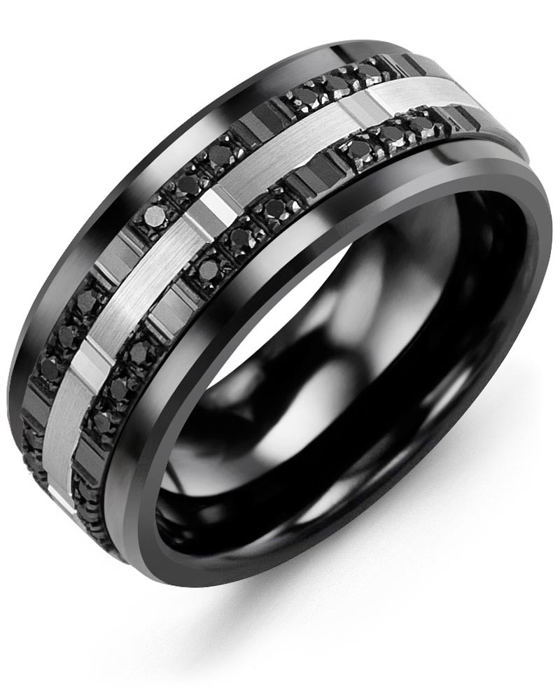 Men's & Women's Black Ceramic & White/Black Gold + 24 Black Diamonds 0.24ct Wedding Band