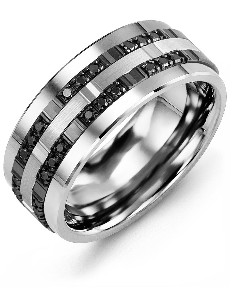 Men's & Women's Tungsten & White/Black Gold + 24 Black Diamonds 0.24ct Wedding Band from MADANI Rings. Wedding bands, fashion rings, promise rings, made of Tungsten, Ceramic, Cobalt, and Gold. View the collection at madanirings.com
