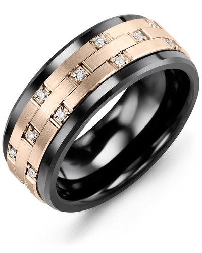 Men's & Women's Black Ceramic & Rose Gold + 11 Diamonds 0.11ct Wedding Band
