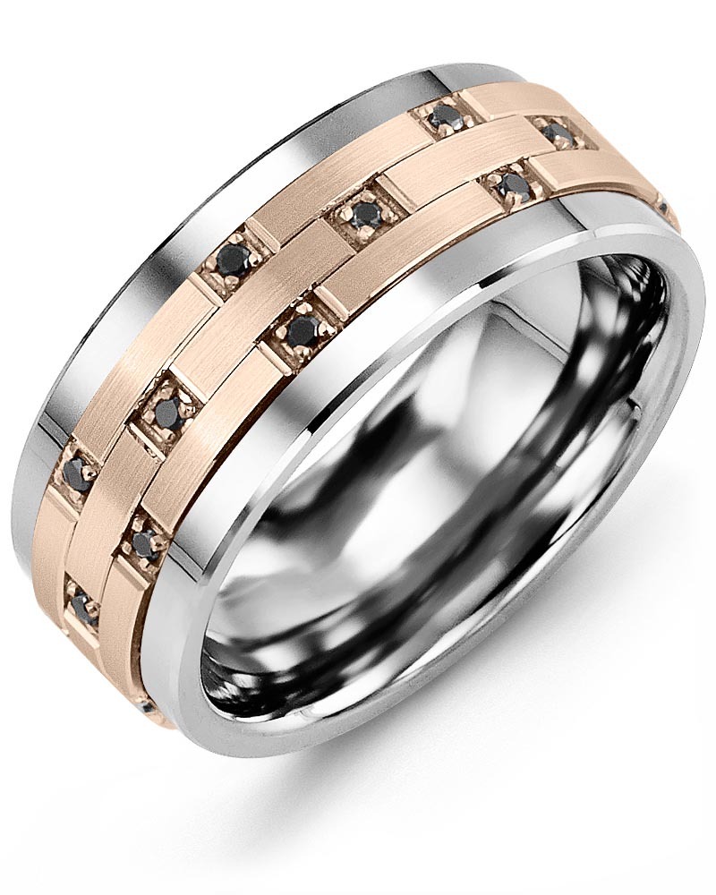 Men's & Women's Tungsten & Rose Gold + 10 Black Diamonds 0.10ct Wedding Band