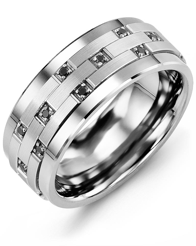 Men's & Women's Tungsten & White Gold + 10 Black Diamonds 0.10ct Wedding Band