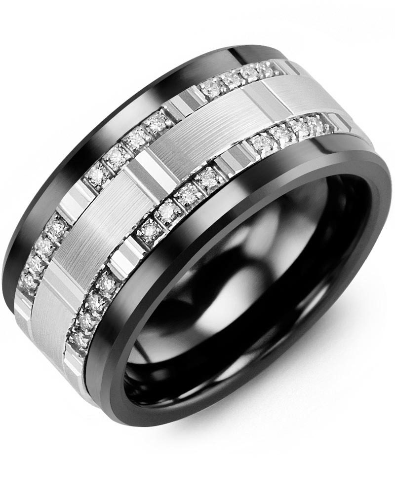 Men's & Women's Black Ceramic & White Gold + 24 Diamonds 0.24ct Wedding Band