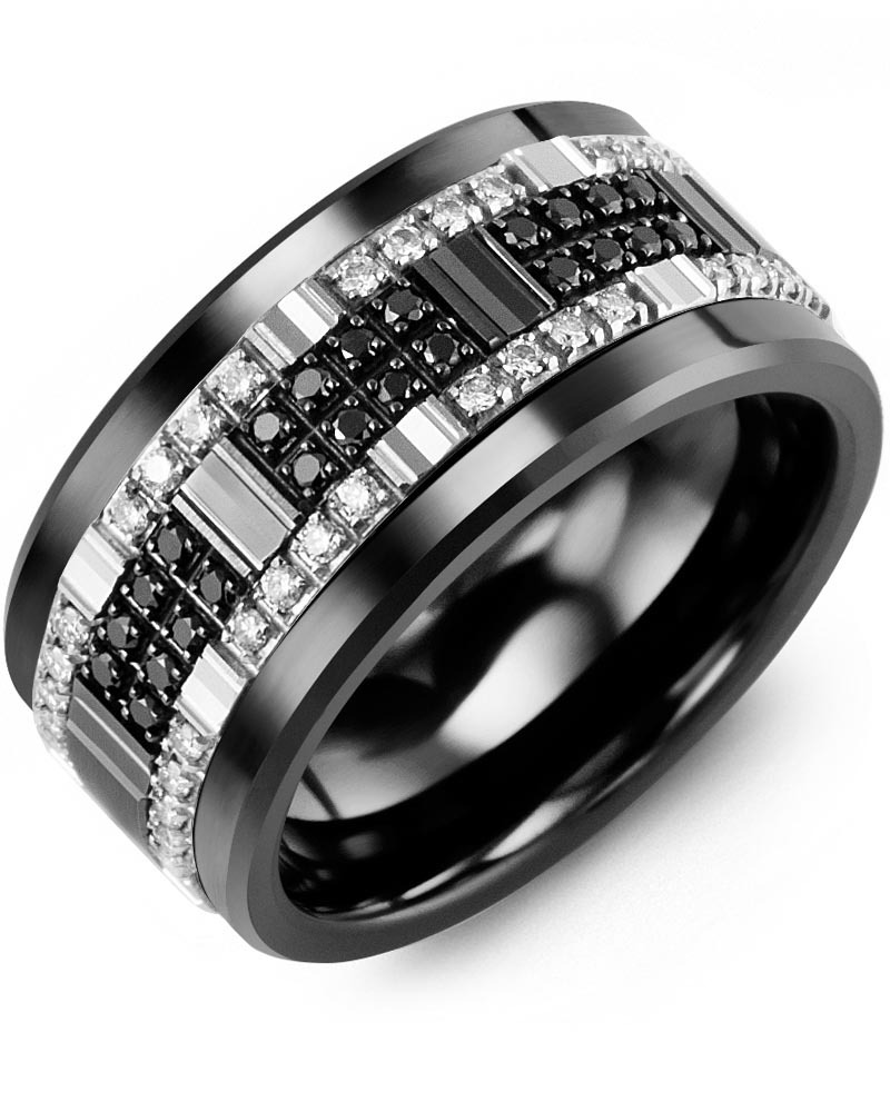 Men's & Women's Black Ceramic & White/Black Gold + 56 White Black Diamonds 0.56ct Wedding Band